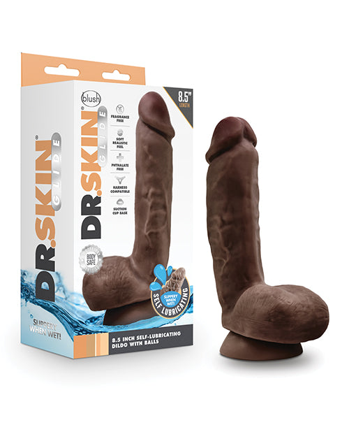 Blush Dr. Skin Glide 8.5" Self Lubricating Dildo W-balls - Chocolate - LUST Depot