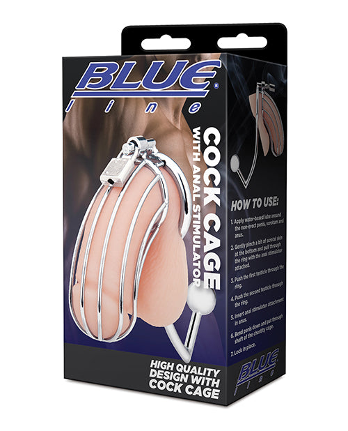 Blue Line Cock Cage W-anal Stimulator - Silver - LUST Depot