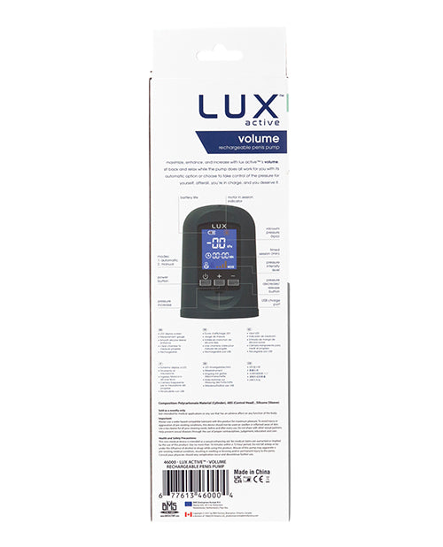 Lux Active Volume Rechargeable Penis Pump - Black - LUST Depot