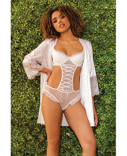 Stretch Mesh Ruffled Crotchless Teddy White Lg - LUST Depot