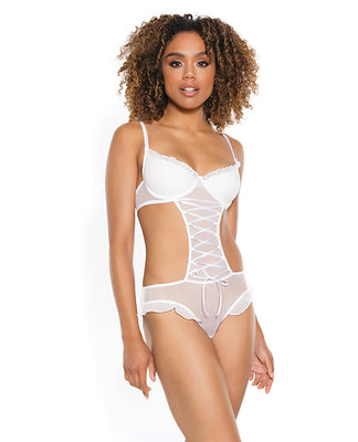 Stretch Mesh Ruffled Crotchless Teddy White Lg