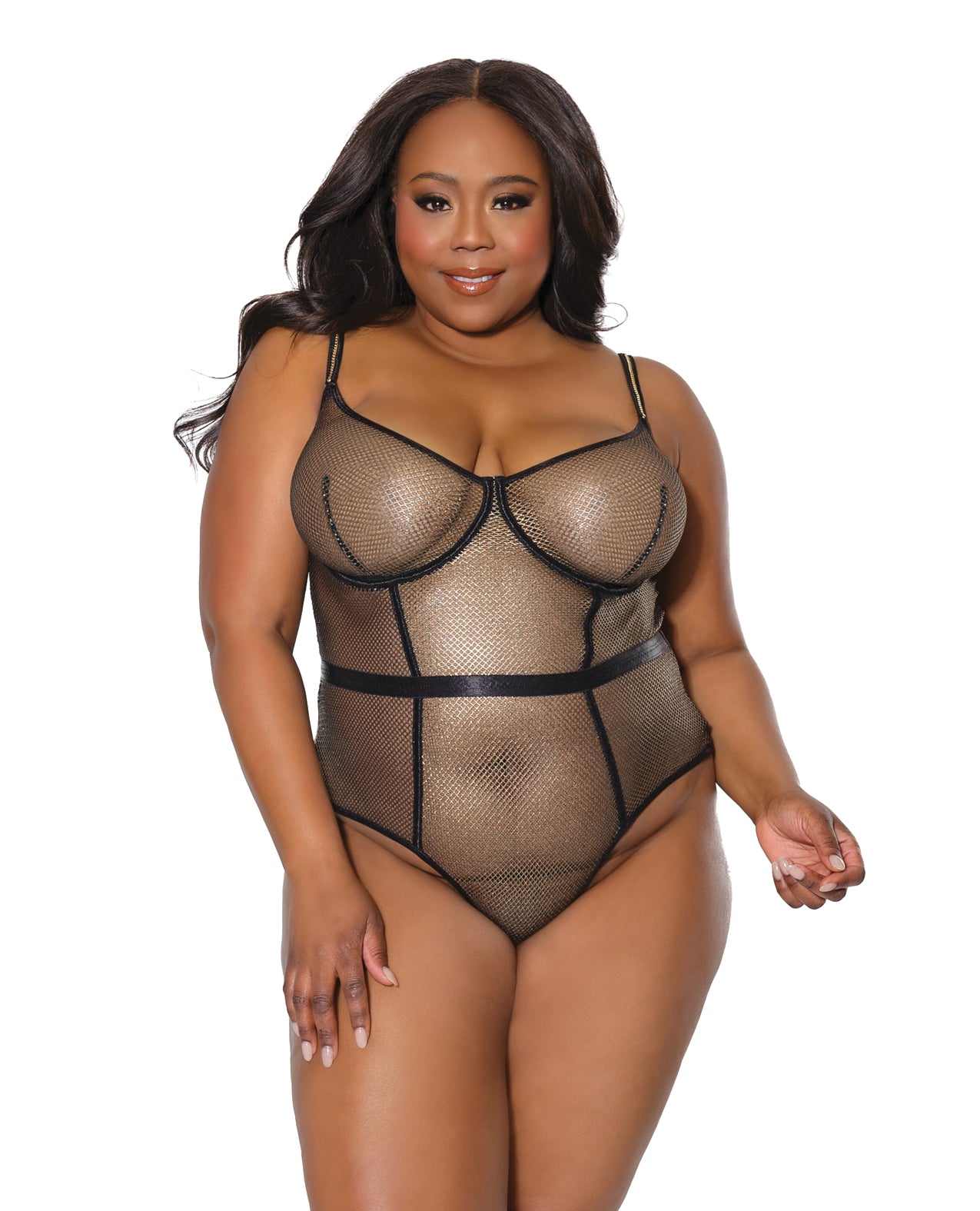 Holiday Metallic Fishnet Teddy W/underwire Cups Black/gold 1x/2x - LUST Depot