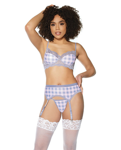 Crystal Pink Buffalo Check Print, Bra, Garter Belt & String Grey-pink Lg - LUST Depot