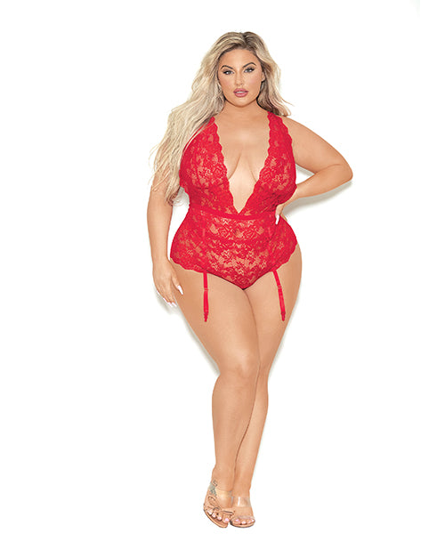 Euphoria Deep V Lace Teddiette W/open Crotch & Butt Red Qn - LUST Depot