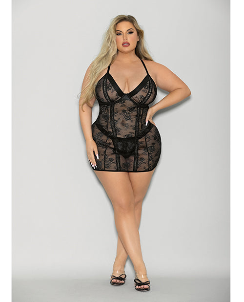 Flame Fetish Boss Lady Lace Up Back Chemise & Wide Band Thong Black 1x/2x - LUST Depot