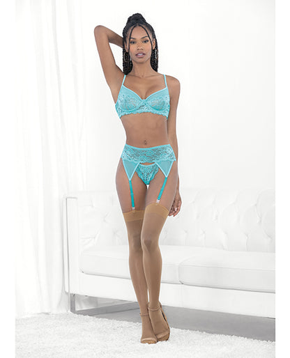 Lace & Mesh Underwire Bra, Garterbelt & G-string Malibu Blue Xl - LUST Depot