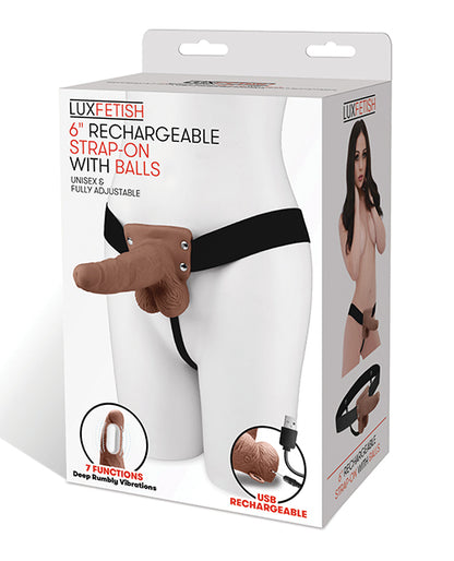 Lux Fetish 6" Rechargeable Strap On W-balls - Brown - LUST Depot