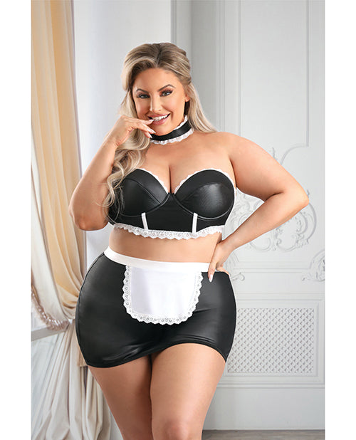 Play 5-star Service Wetlook Bustier, Open Back Skirt, G-string & Choker Black/white 3x/4x - LUST Depot