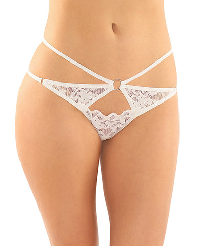 Jasmine Strappy Lace Thong W/front Keyhole Cut Out White L/xl