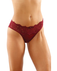 Bottoms Up Ivy Eyelash Lace Panty W/criss Cross Back & Bow Trims Garnet S/m