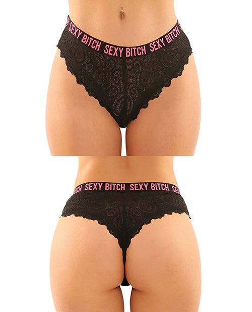 Vibes Buddy Sexy Bitch Lace Panty & Micro Thong Black-pnk L-xl - LUST Depot