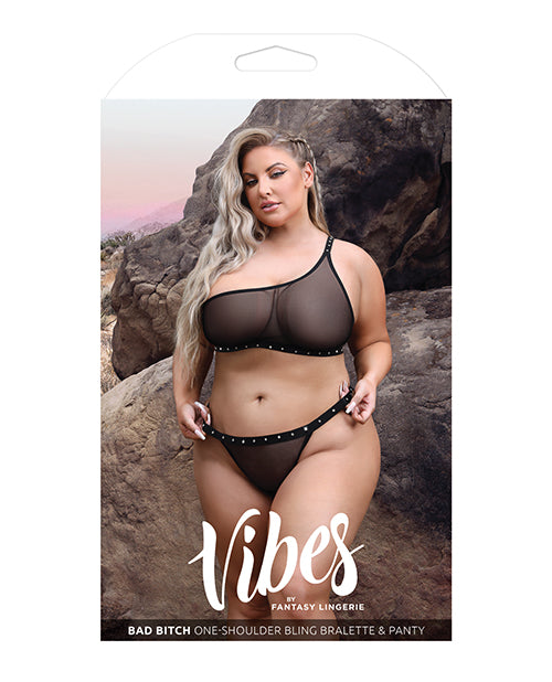 Vibes Bad Bitch One Shoulder Bling Bralette & Panty Black Qn - LUST Depot