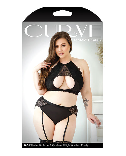 Curve Sadie Lace Overlay Keyhole Halter Top & Gartered Panty Black 3x-4x - LUST Depot