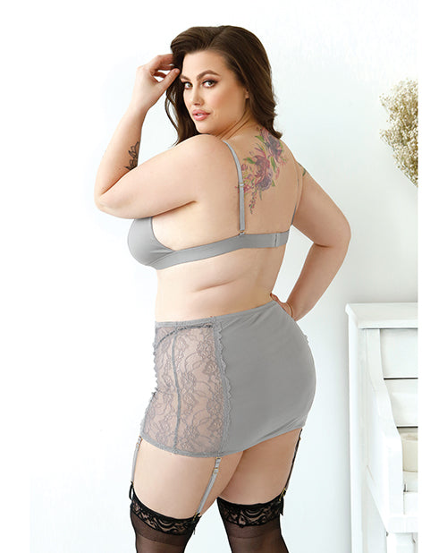 Curve Layne Lace & Microfiber Bralette W-garter Skirt & G-string Gray 1x-2x - LUST Depot