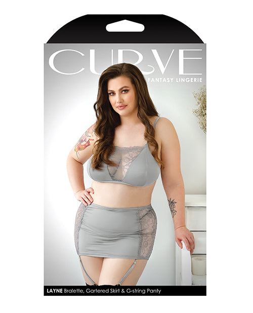 Curve Layne Lace & Microfiber Bralette W-garter Skirt & G-string Gray 3x-4x - LUST Depot