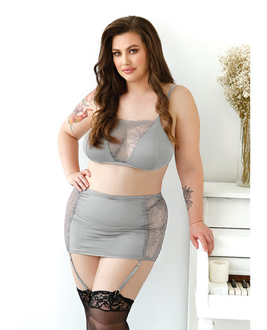 Curve Layne Lace & Microfiber Bralette W-garter Skirt & G-string Gray 3x-4x