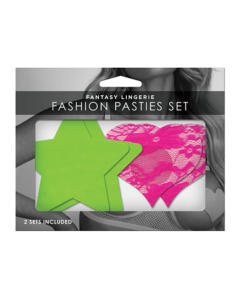 Fantasy Uv Reactive Neon Star & Lace Heart Pasties - Green & Pink O-s Pack Of 2 - LUST Depot