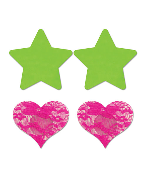 Fantasy Uv Reactive Neon Star & Lace Heart Pasties - Green & Pink O-s Pack Of 2 - LUST Depot