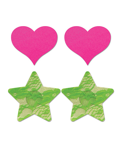 Fantasy Uv Reactive Neon Heart & Lace Star Pasties - Pink & Green O-s Pack  Of 2 - LUST Depot