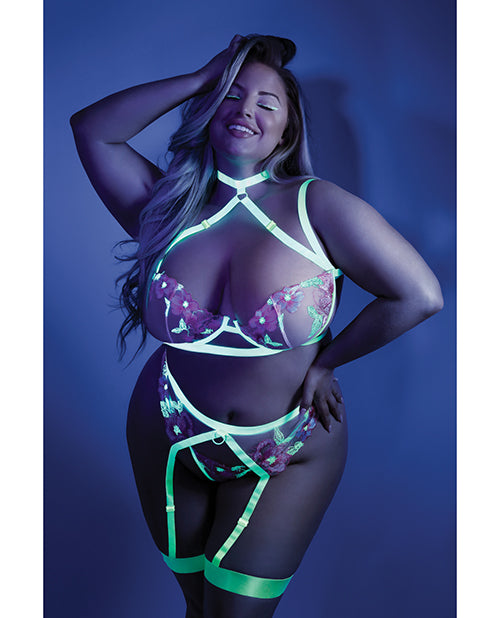 Glow Black Light Embroidered Harness Bra, Leg Garterbelt & G-string Neon Chartreuse Qn - LUST Depot