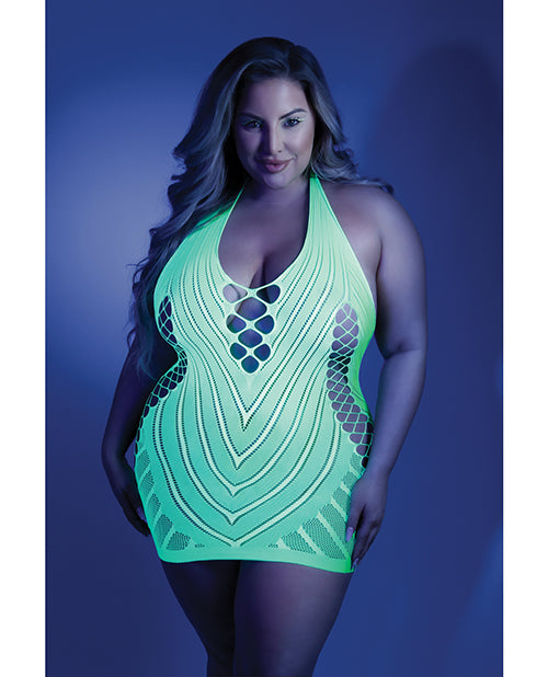 Glow Black Light Net Halter Dress Neon Green Qn - LUST Depot