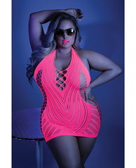 Glow Black Light Net Halter Dress Neon Pink Qn