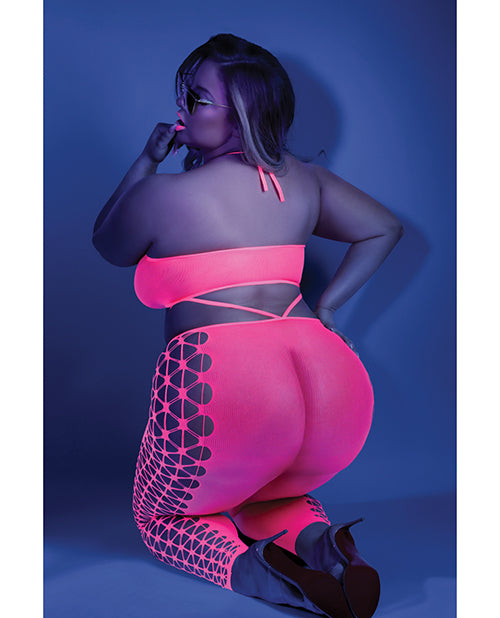 Glow Black Light Cropped Cutout Halter Bodystocking Neon Pink Qn - LUST Depot