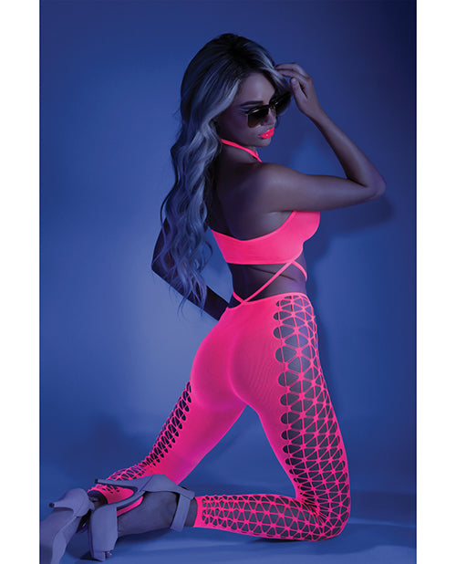 Glow Black Light Cropped Cutout Halter Bodystocking Neon Pink O-s - LUST Depot