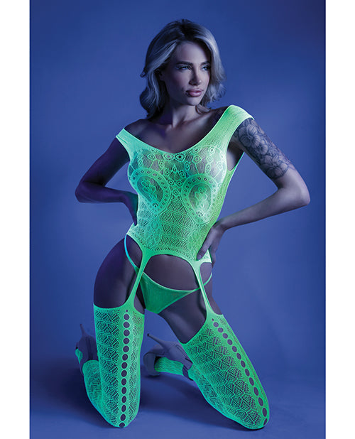 Glow Black Light Mosaic Pattern Gartered Bodystocking Neon Green O-s - LUST Depot