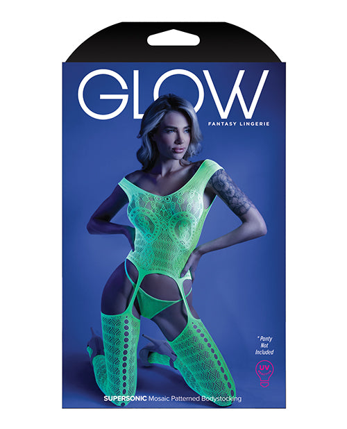 Glow Black Light Mosaic Pattern Gartered Bodystocking Neon Green O-s - LUST Depot