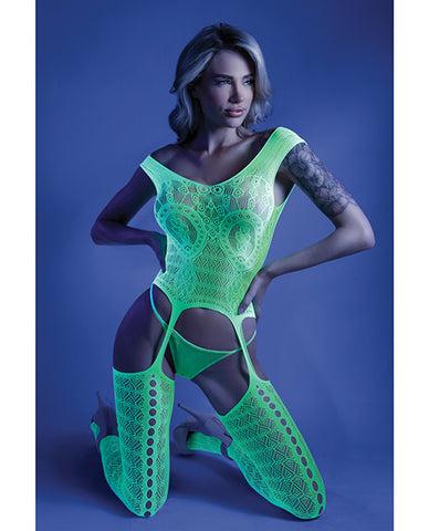 Glow Black Light Mosaic Pattern Gartered Bodystocking Neon Green O-s