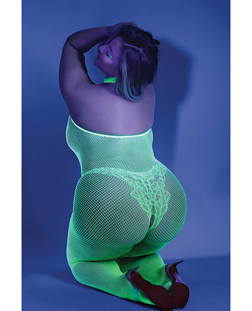 Glow Black Light Crotchless Bodystocking Neon Green Qn - LUST Depot