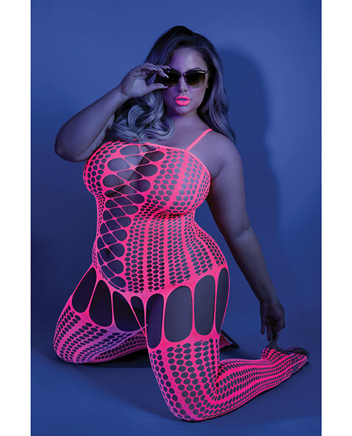 Glow Black Light Criss Cross Paneled Bodystocking Neon Pink Qn - LUST Depot