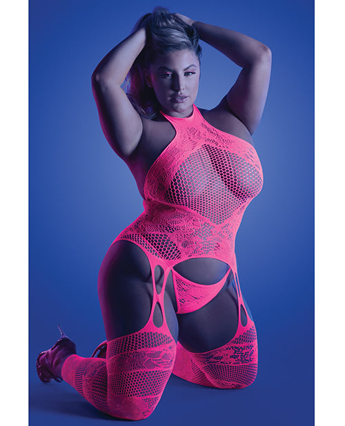 Glow Captivating Halter Bodystocking & G-string Neon Pink Qn - LUST Depot