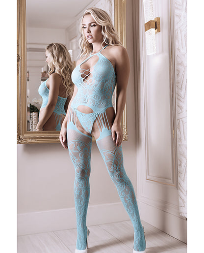 Sheer Fantasy Halter Neck Floral Lace Gartered Bodystocking & Panty Light Blue O-s - LUST Depot