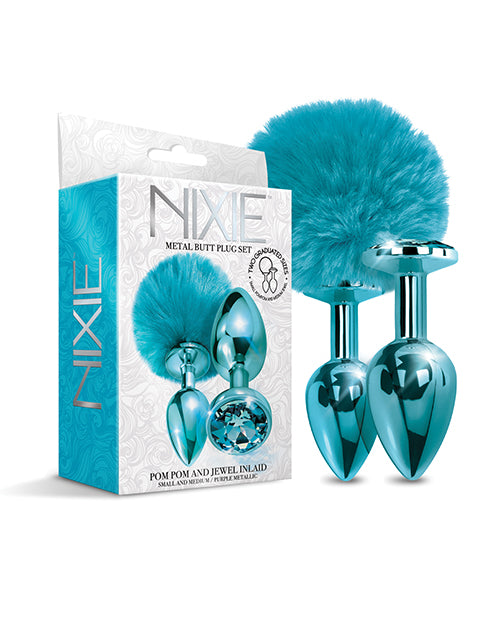 Nixie Metal Butt Plug Set W-jewel Inlaid & Pom Pom - Blue Metallic - LUST Depot