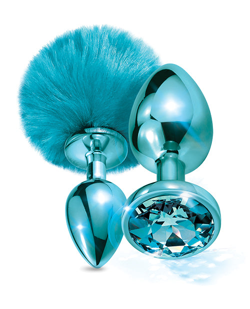 Nixie Metal Butt Plug Set W-jewel Inlaid & Pom Pom - Blue Metallic - LUST Depot