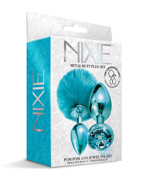 Nixie Metal Butt Plug Set W-jewel Inlaid & Pom Pom - Blue Metallic - LUST Depot