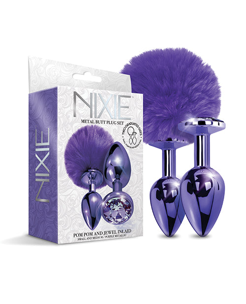 Nixie Metal Butt Plug Set W-jewel Inlaid & Pom Pom - Purple Metallic - LUST Depot