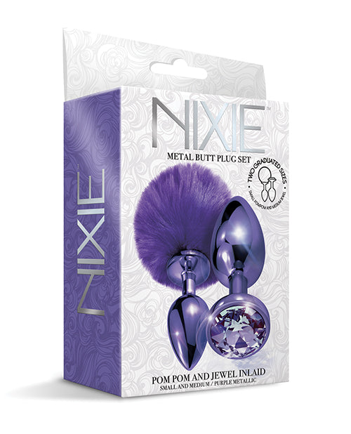 Nixie Metal Butt Plug Set W-jewel Inlaid & Pom Pom - Purple Metallic - LUST Depot