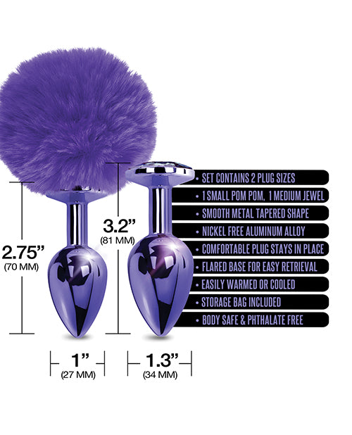 Nixie Metal Butt Plug Set W-jewel Inlaid & Pom Pom - Purple Metallic - LUST Depot