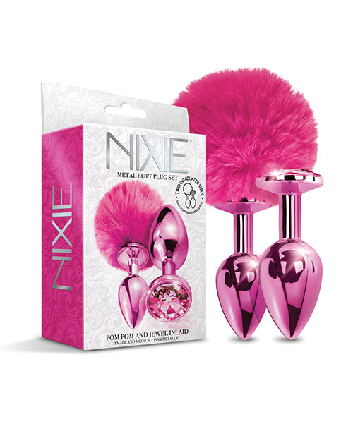 Nixie Metal Butt Plug Set W-jewel Inlaid & Pom Pom - Pink Metallic - LUST Depot