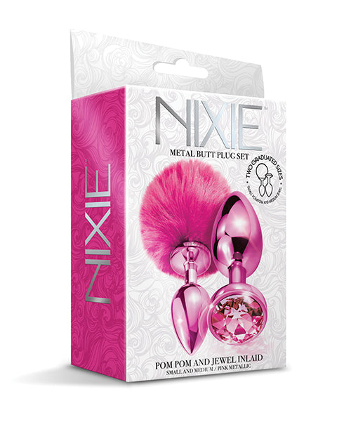 Nixie Metal Butt Plug Set W-jewel Inlaid & Pom Pom - Pink Metallic - LUST Depot