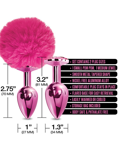 Nixie Metal Butt Plug Set W-jewel Inlaid & Pom Pom - Pink Metallic - LUST Depot