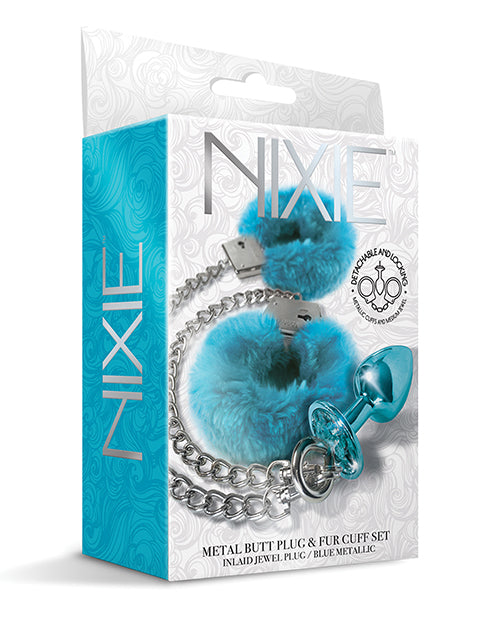 Nixie Metal Butt Plug W-inlaid Jewel & Fur Cuff Set - Blue Metallic - LUST Depot