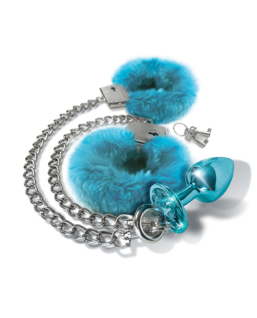 Nixie Metal Butt Plug W-inlaid Jewel & Fur Cuff Set - Blue Metallic - LUST Depot