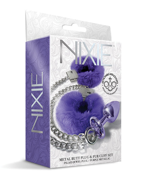 Nixie Metal Butt Plug W-inlaid Jewel & Fur Cuff Set - Purple Metallic - LUST Depot