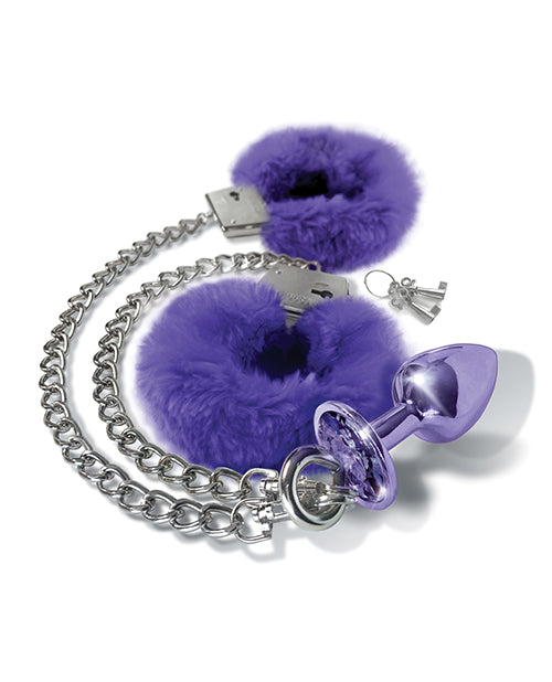 Nixie Metal Butt Plug W-inlaid Jewel & Fur Cuff Set - Purple Metallic - LUST Depot