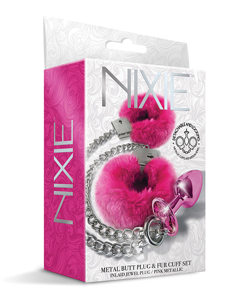 Nixie Metal Butt Plug W-inlaid Jewel & Fur Cuff Set - Pink Metallic - LUST Depot