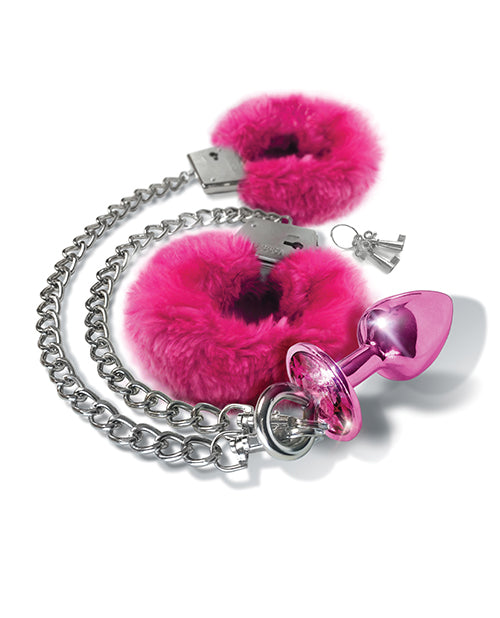 Nixie Metal Butt Plug W-inlaid Jewel & Fur Cuff Set - Pink Metallic - LUST Depot